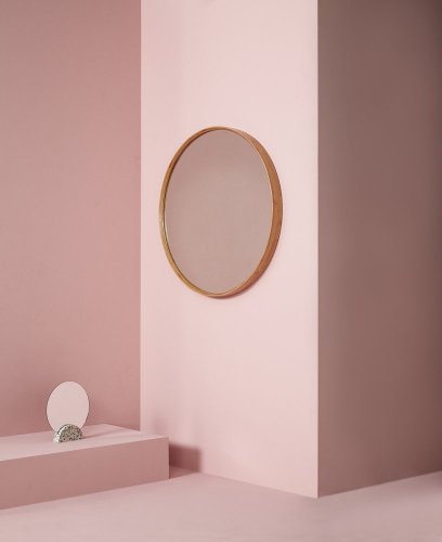 Nástěnné zrcadlo s dřevěným rámem, přírodní/kůže - 240601