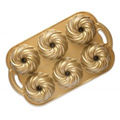 Nordic Ware mini baking sheet with 6 Swirl moulds, 3 cup gold, 93977